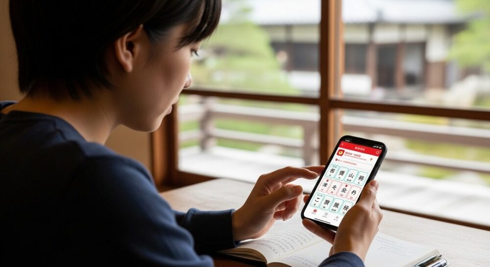 スマートフォンで古文単語学習アプリを利用している様子