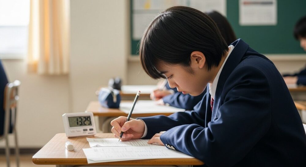 模試を本番のリハーサルと捉え、緊張感をもって時間配分の練習をする高校生