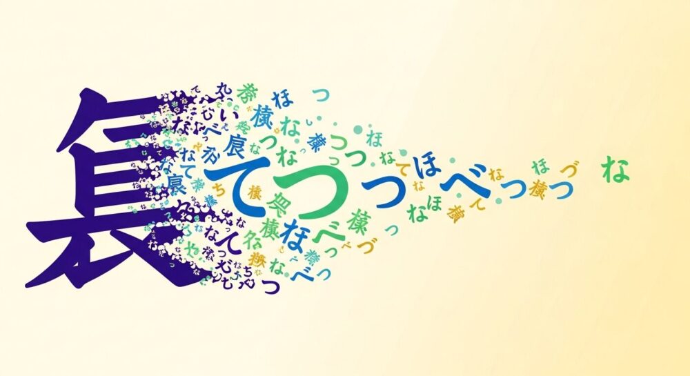 漢文の置き字「於」が送り仮名に吸収される様子のイラスト。