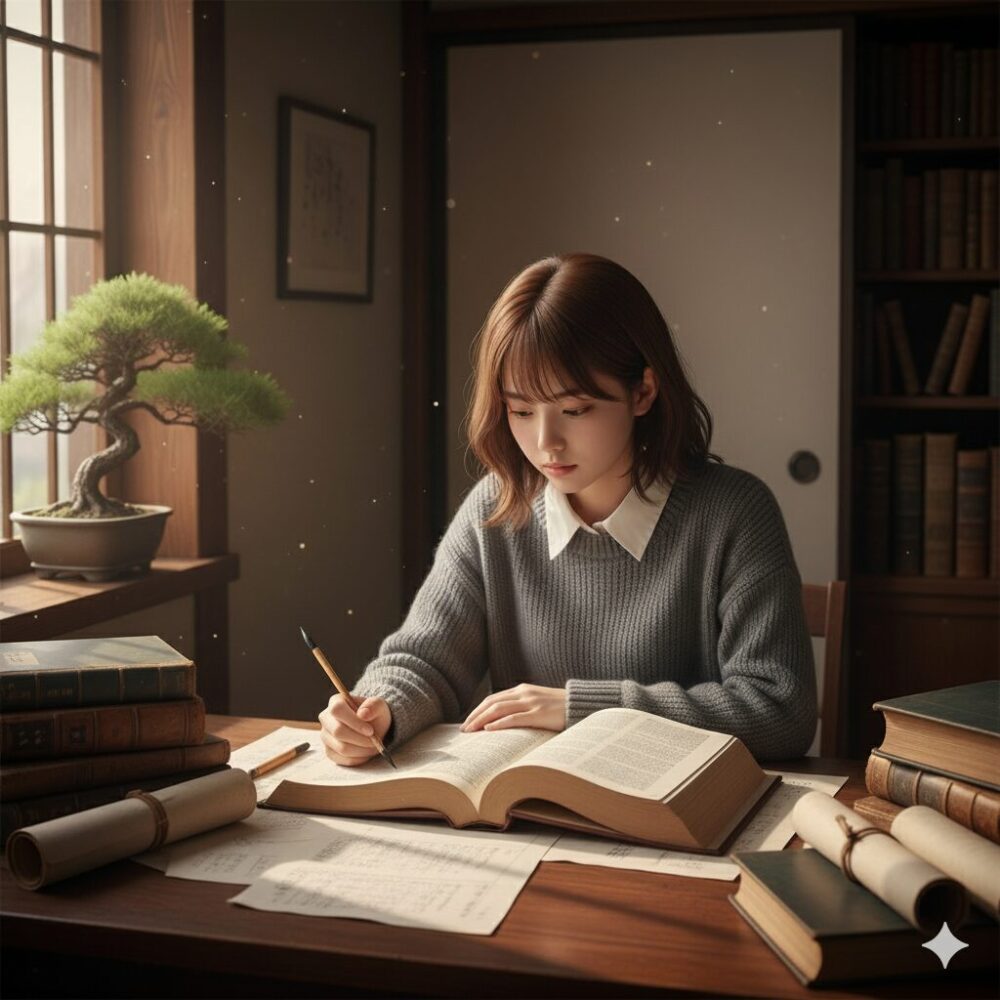 古文の助動詞「じ」と「まじ」の意味を比較する日本人学生。参考書を開き、それぞれの助動詞が持つ意味の違いを理解しようとしている。
