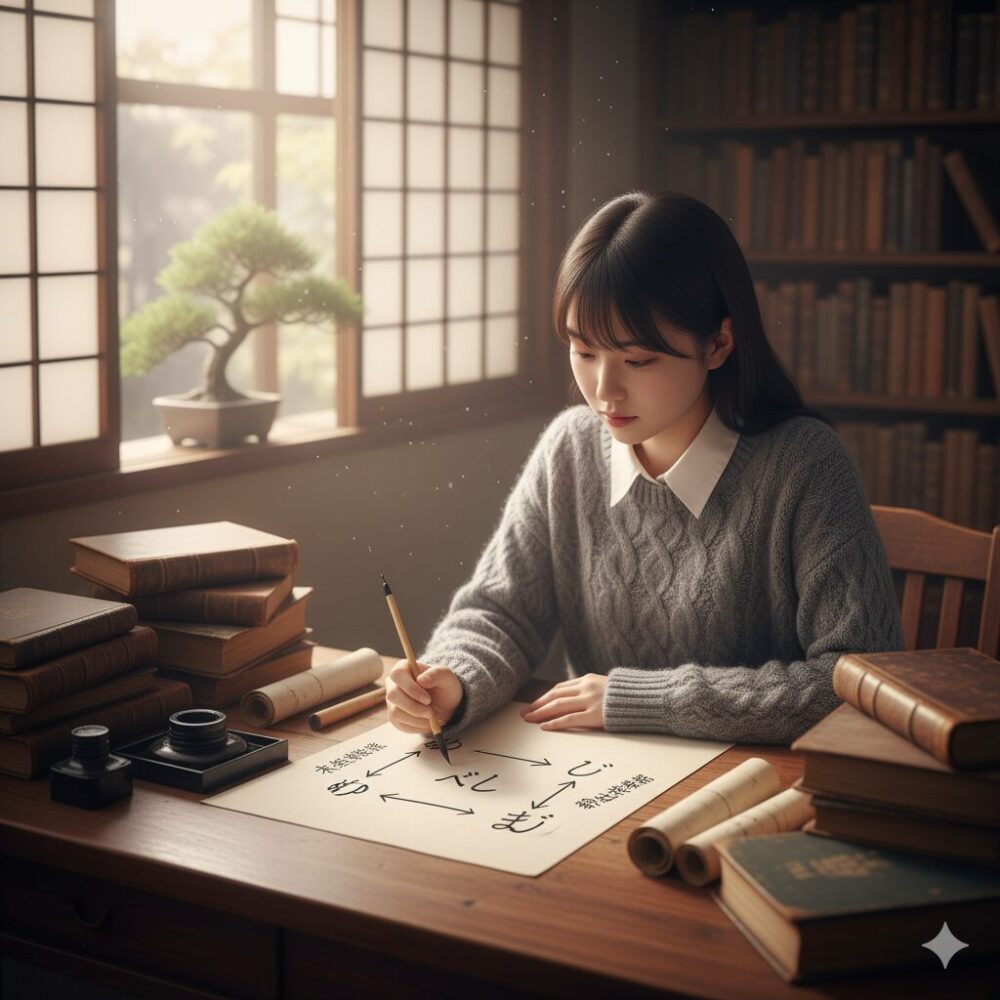 古文の助動詞「む・じ・べし・まじ」の4つの関係図を、筆を使って紙に書き出す日本人学生。体系的な暗記法を実践している。