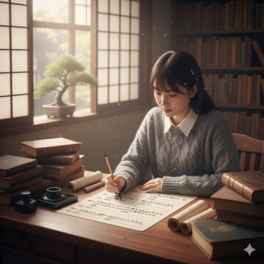  古文の助動詞「じ」と「まじ」に関する練習問題に取り組む日本人学生。これまでの学習内容を実際の文章で確認し、理解度をチェックしている。