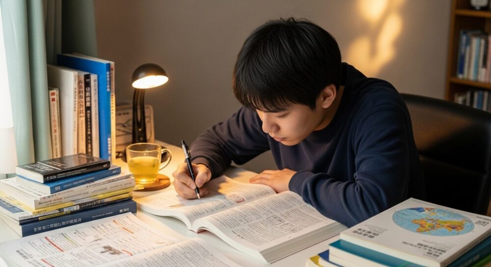 自宅の机で大学受験古文の参考書を熱心に読み込む独学の受験生
