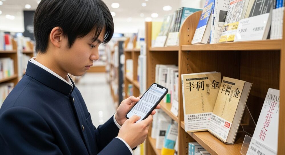 スマートフォンで古文参考書の口コミを見ながら、書店で実物を手に取って比較検討している受験生