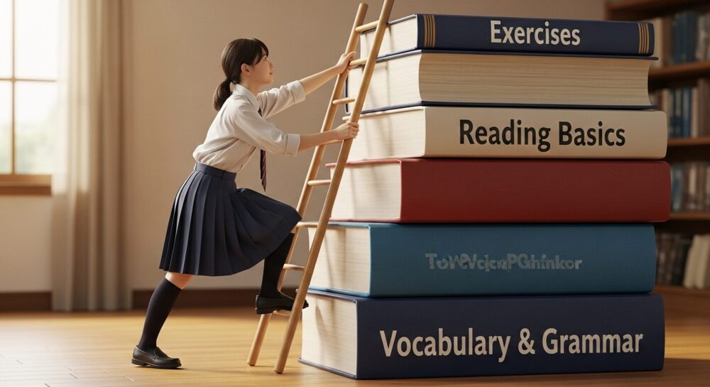 「単語・文法」から「読解基礎」「演習」へと続く階段を登る学生を描いた、古文参考書の学習ルートのイメージ図