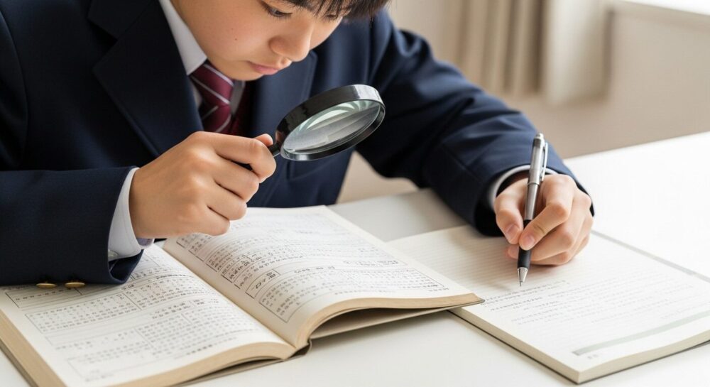 虫眼鏡で古文読解の問題集を丁寧に分析し、ノートにポイントをまとめている様子