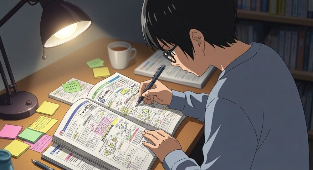 理系の学生が、共通テスト対策に特化した古文の参考書を使って効率的に学習しているイラスト