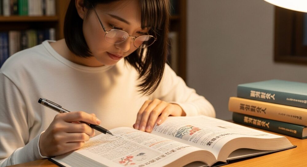 和歌の修辞法と文学史の流れがまとめられた参考書で学習しているイメージ