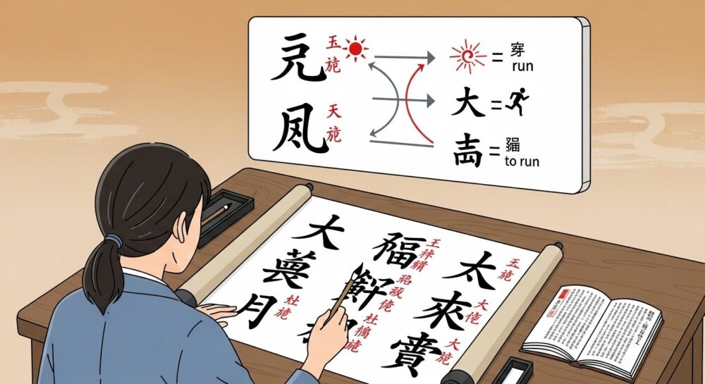 漢文の漢字の読み方と意味を解説するイラスト