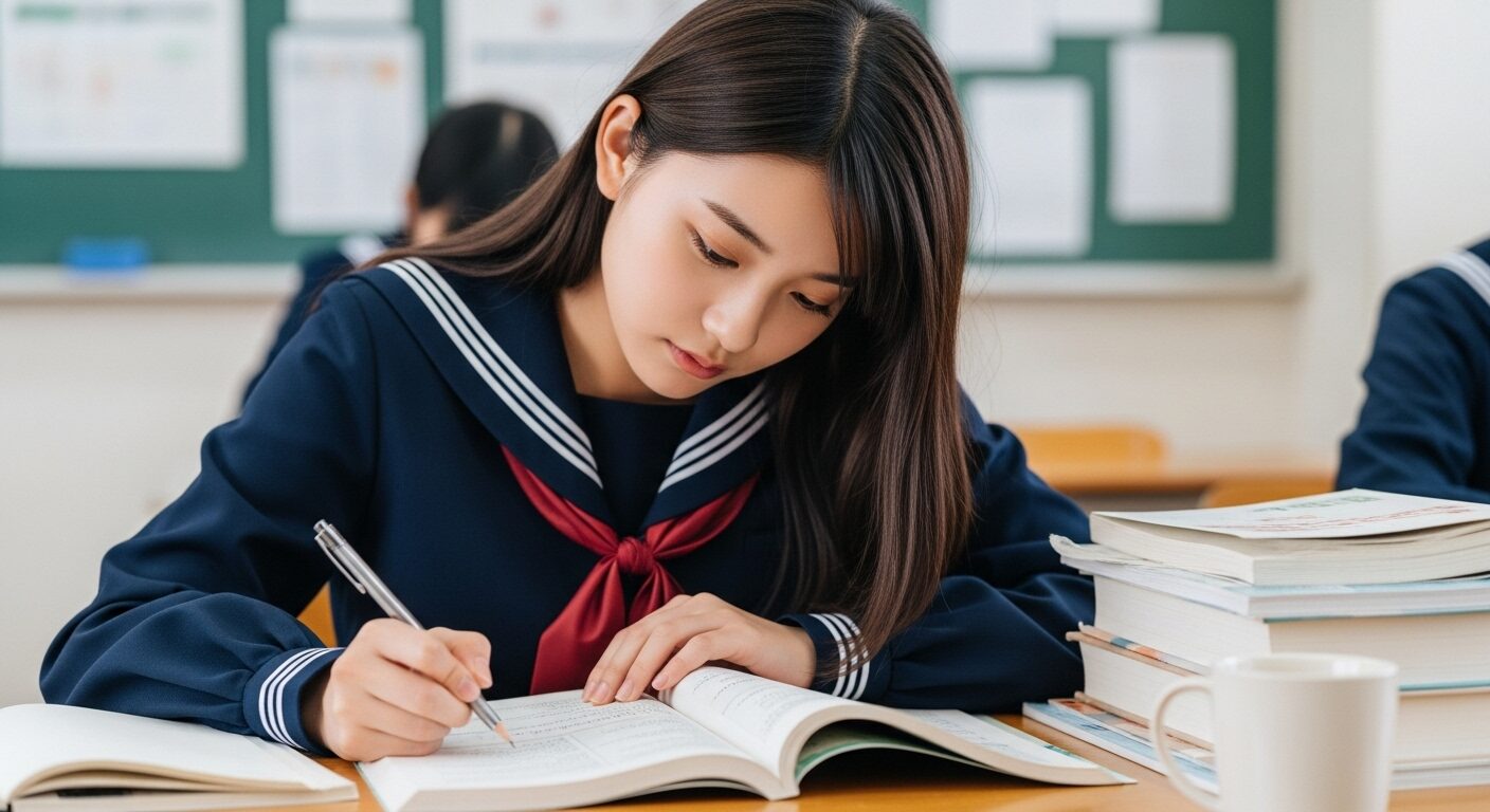 一生懸命漢文の語句の勉強をする美しい日本の高校生