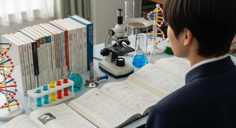 理系を選択した場合の高校での主要科目(数学・理科)の教科書と実験器具
