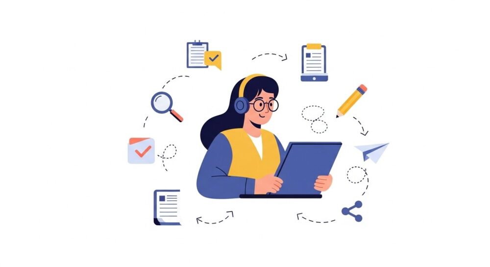Google ClassroomとGoodnotesを連携させた課題提出の5ステップを図解したイラスト