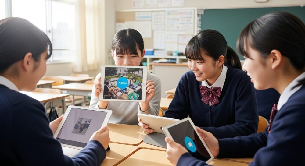 教師がiPadを使い、過去のデジタル教材を再利用して効率的に授業準備をしているイラスト