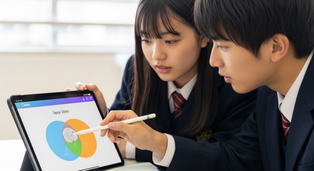 Canvaで作成したベン図のテンプレートを使い、生徒がiPadで思考を整理している様子
