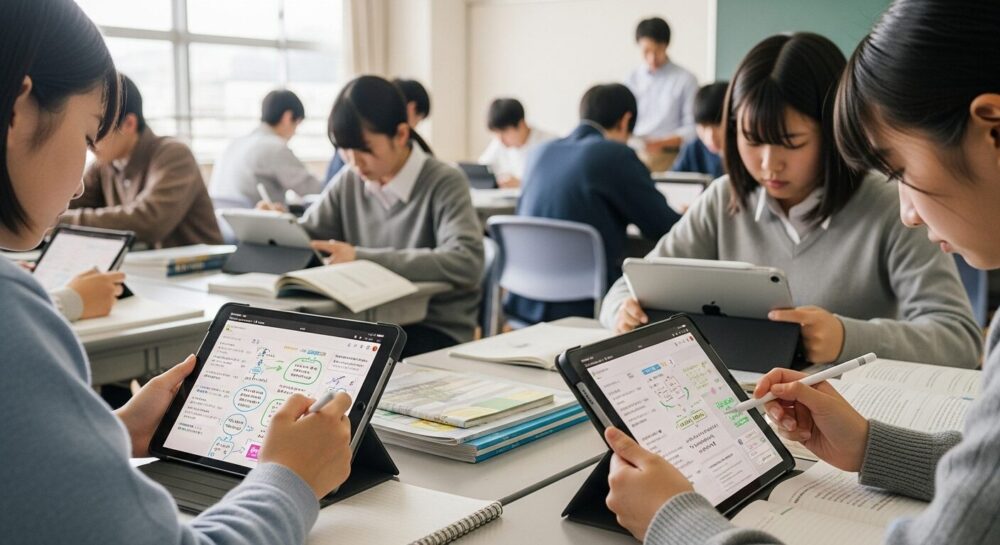 iPadのGoodnotesアプリでデジタル教材に手書きでメモを取りながら主体的に学習する生徒