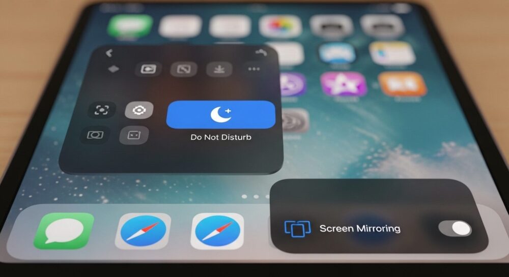 iPadの画面共有前にコントロールセンターで「集中モード」をオンにする操作のスクリーンショット