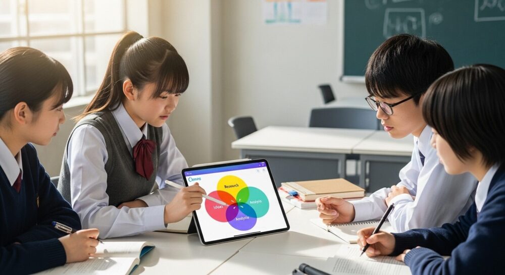Canvaで作成したベン図のテンプレートを使い、生徒がiPadで思考を整理している様子