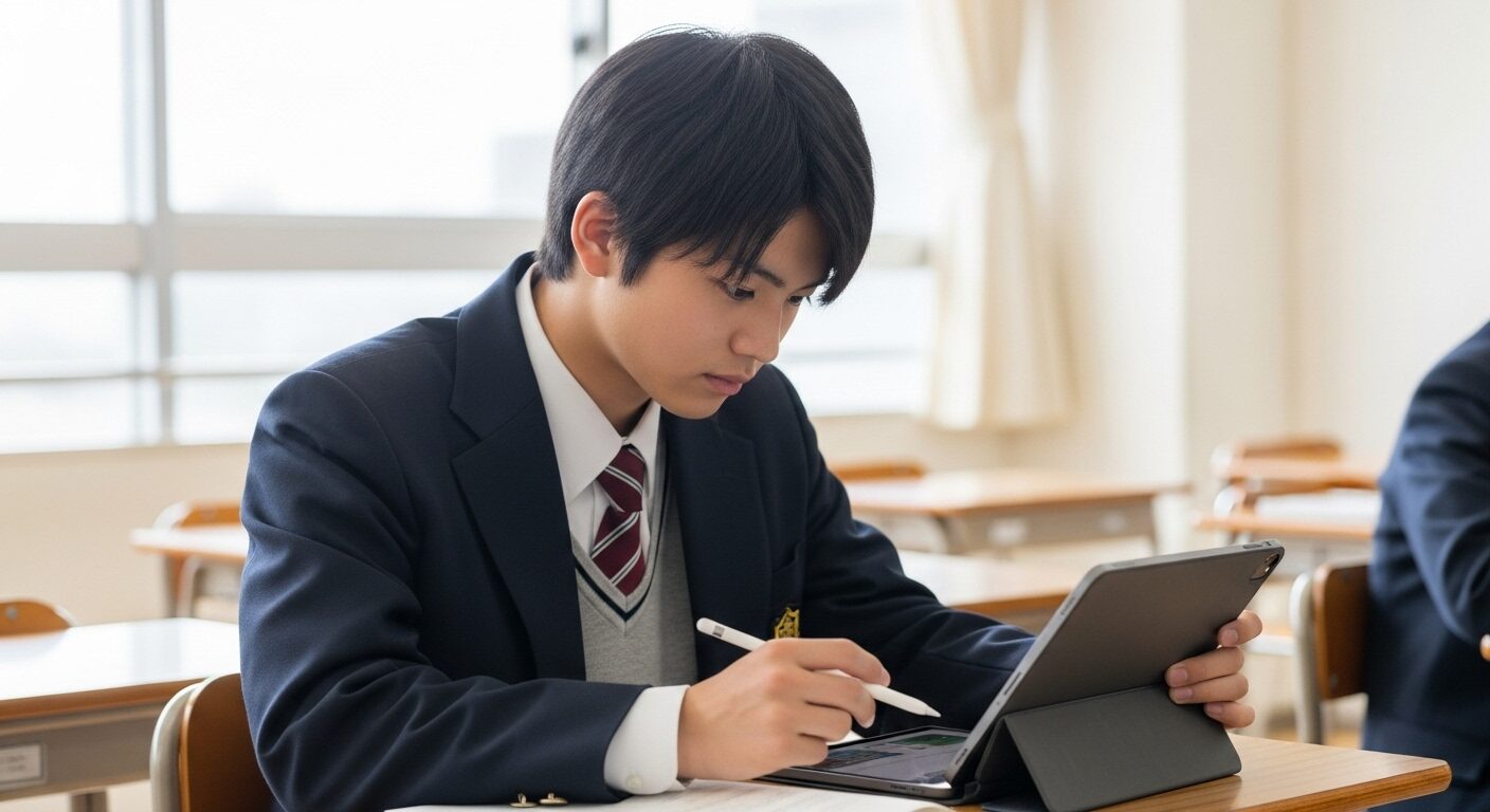 iPadを使い教室で勉強している美しい男子高校生