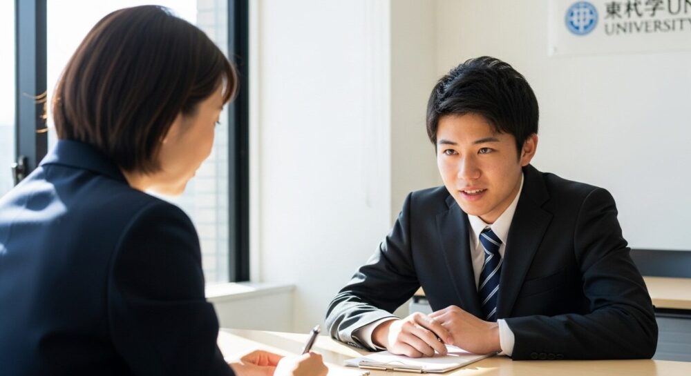 大学の面接で面接官に欠席理由を誠実に説明している受験生の様子