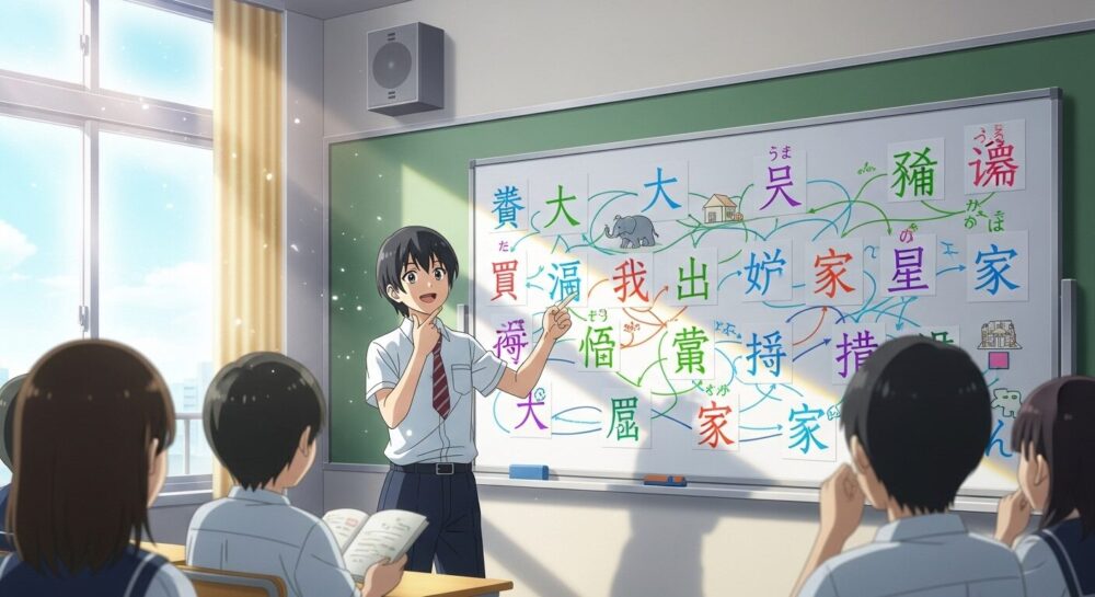 漢文の反語で原因・理由を表す多くの漢字を、ゴロ合わせを使って効率的に覚える方法をひらめいた学生のイラスト