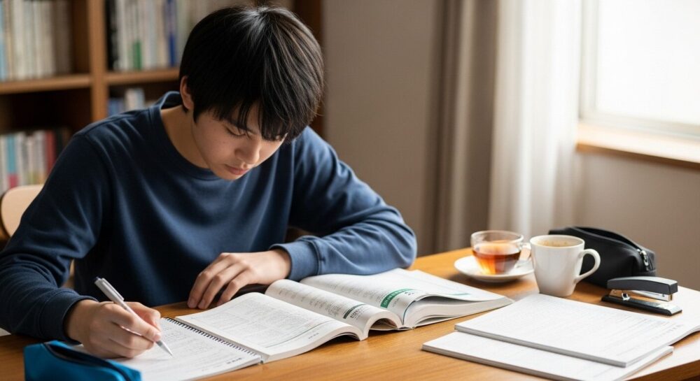 古文単語帳と文法書を机に広げて勉強する学生