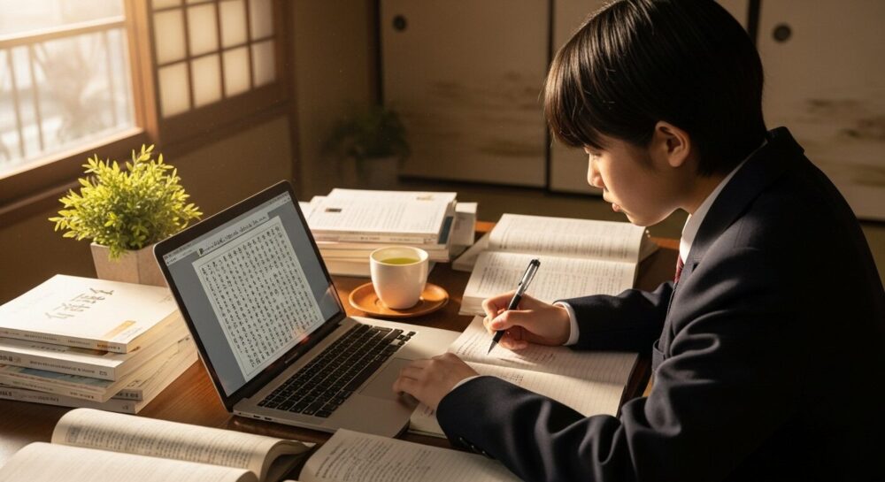 古文の文章を品詞分解している様子のイラスト