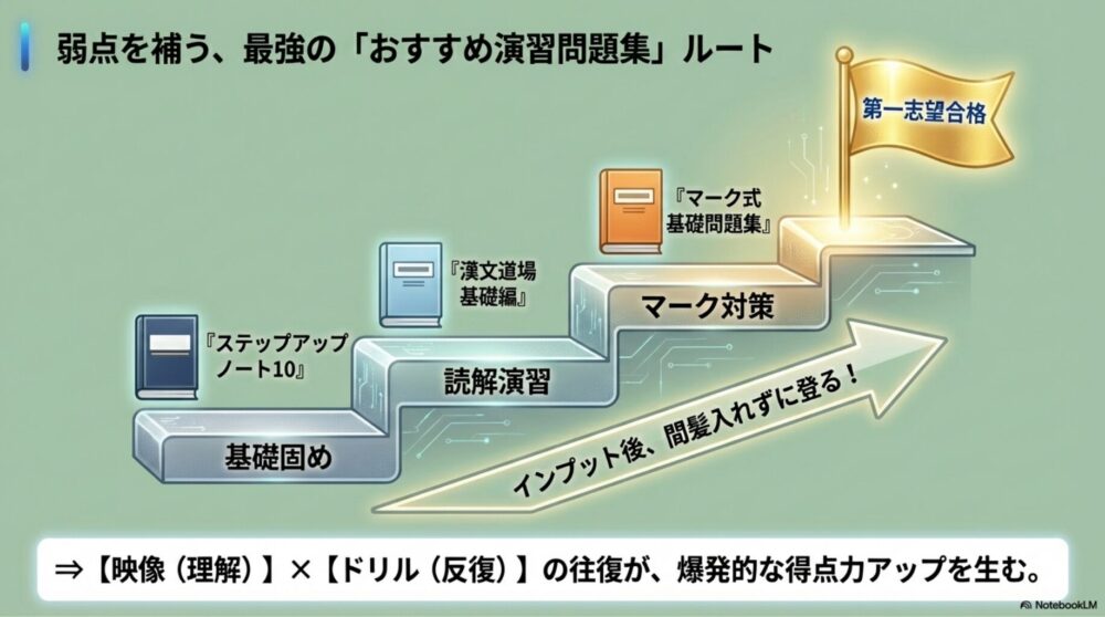 「ステップアップノート」「漢文道場」「マーク式基礎問題集」の3つのテキストが、階段状にステップアップしていく図解