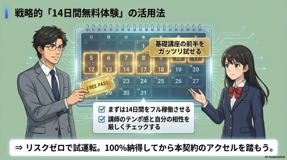 カレンダー（14日間マーク）と無料チケットを手に持ち、授業の相性をチェックしている図解