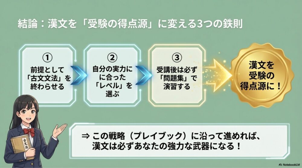「古文文法」「レベル選択」「問題演習」の3つのステップを踏んで、受験生が第一志望合格の旗を立てている図解