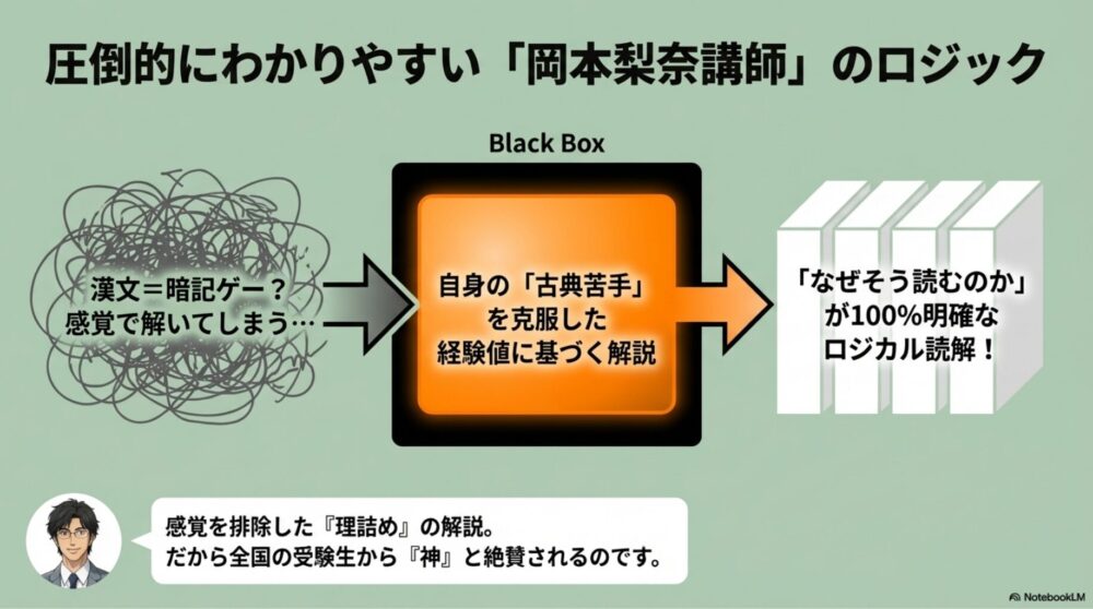 黒板の前でロジカルに漢文の構造を説明し、生徒が「なるほど！」と閃いている図解