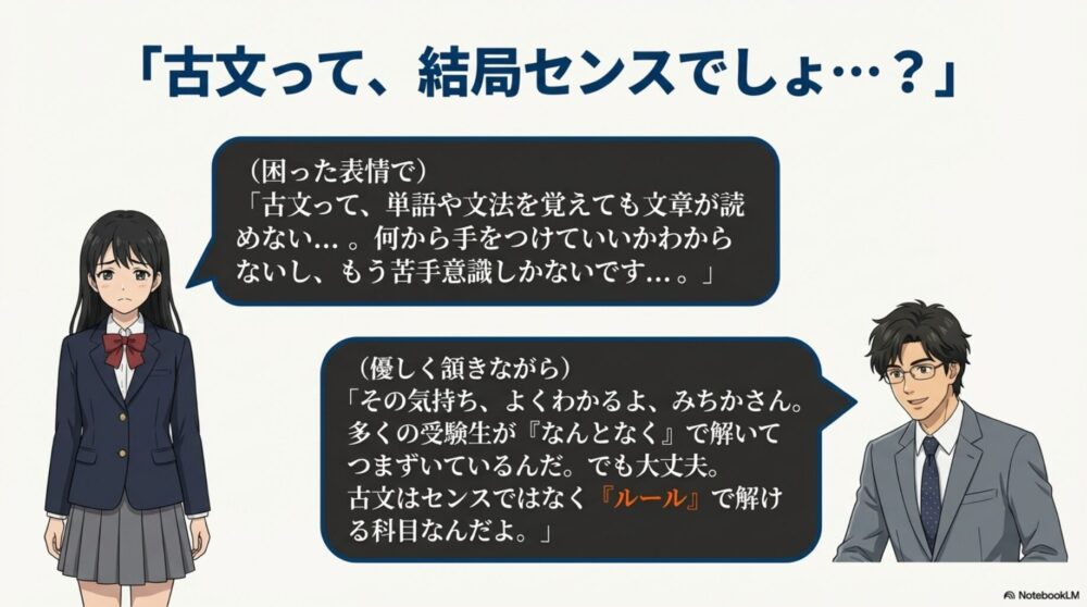 古文はセンスではなくルールで解ける」と生徒を励ます先生のイラスト図解。