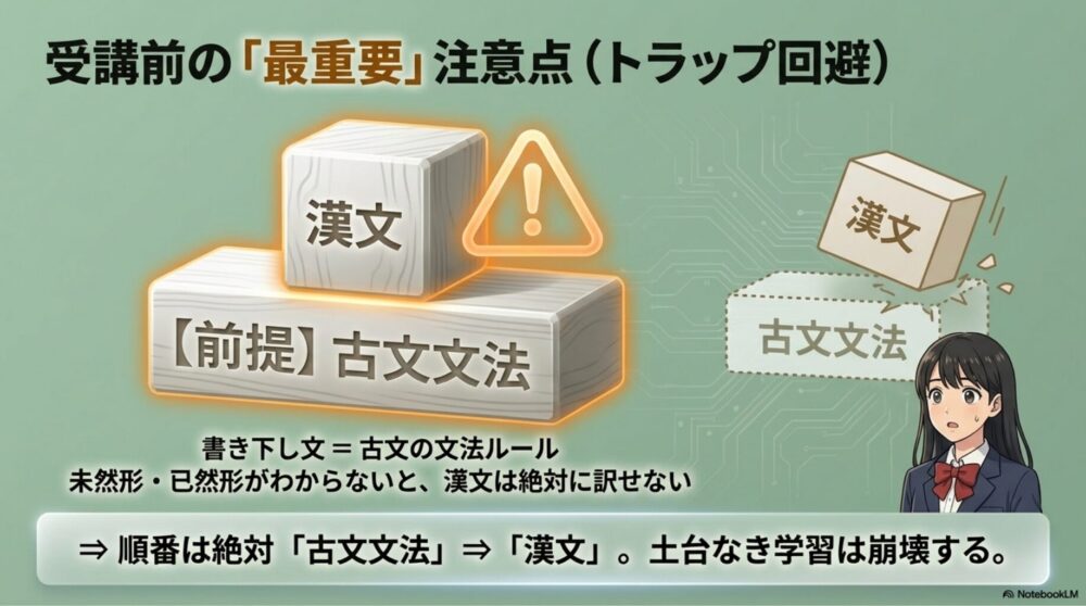 大きな警告アイコン（！）の横で、「古文文法」という土台の上に「漢文」のブロックが積み上げられている図解