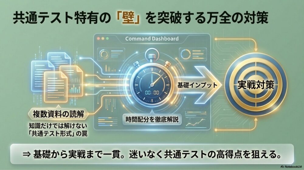 共通テスト特有の複数の資料を比較しながら、ストップウォッチで時間配分を計っている演習風景の図解