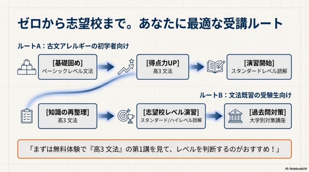 初学者向けのルートAと文法既習者向けのルートBを示した、スタディサプリ古文の受講フローチャート。

6. 料金とテキストのセクション