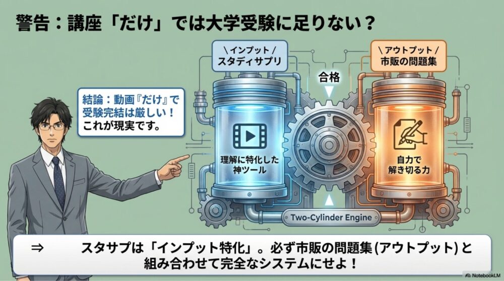 「インプット完了（スタディサプリ）」の箱から矢印が伸び、「アウトプット（問題集）」の箱へとつながり、合格のゴールに向かう図解