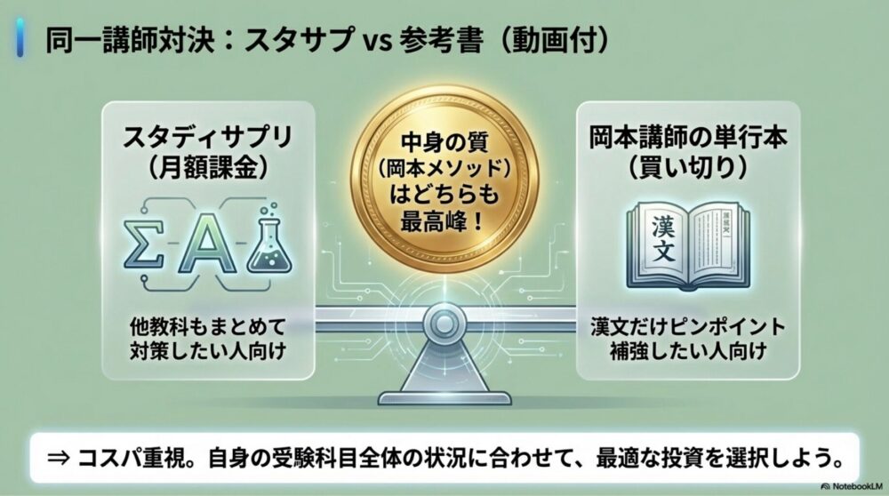 スタディサプリの月額課金マーク（複数科目）と、岡本講師の単行本参考書（買い切り）のコストを天秤にかけている図解