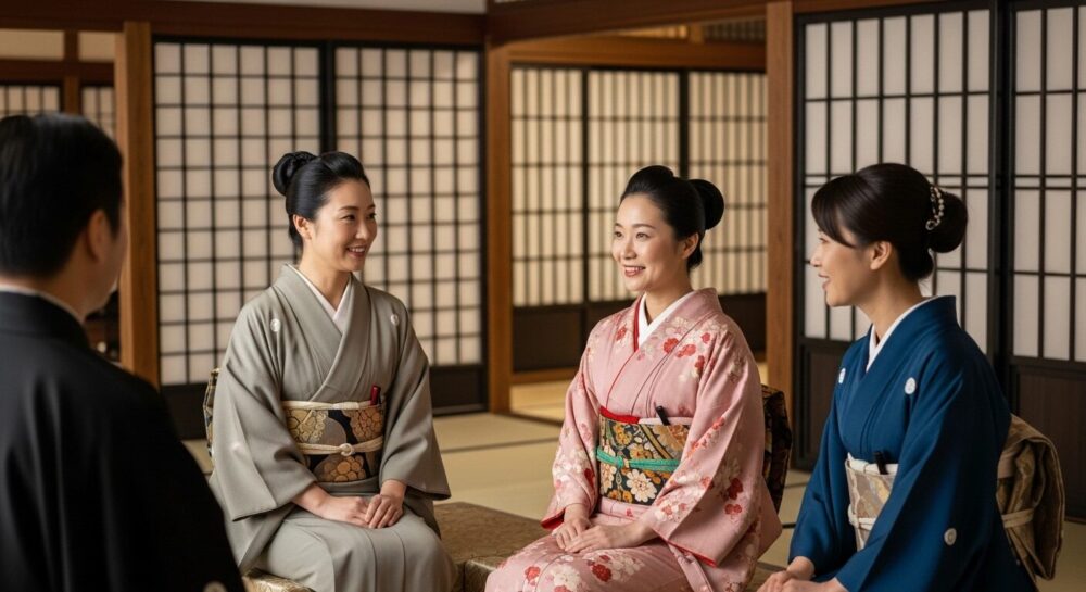 平安時代の日本の貴族の邸宅で、客人が主人から手厚いもてなしを受けている様子。華やかな衣装を身につけた人々が、和やかな雰囲気で談笑している。