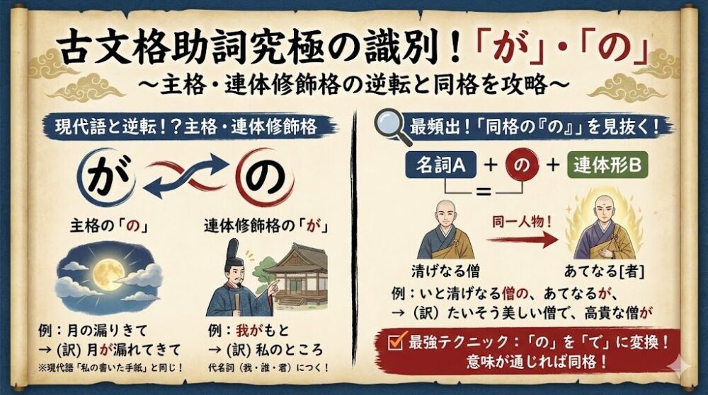 「が」・「の」の識別と同格の用法