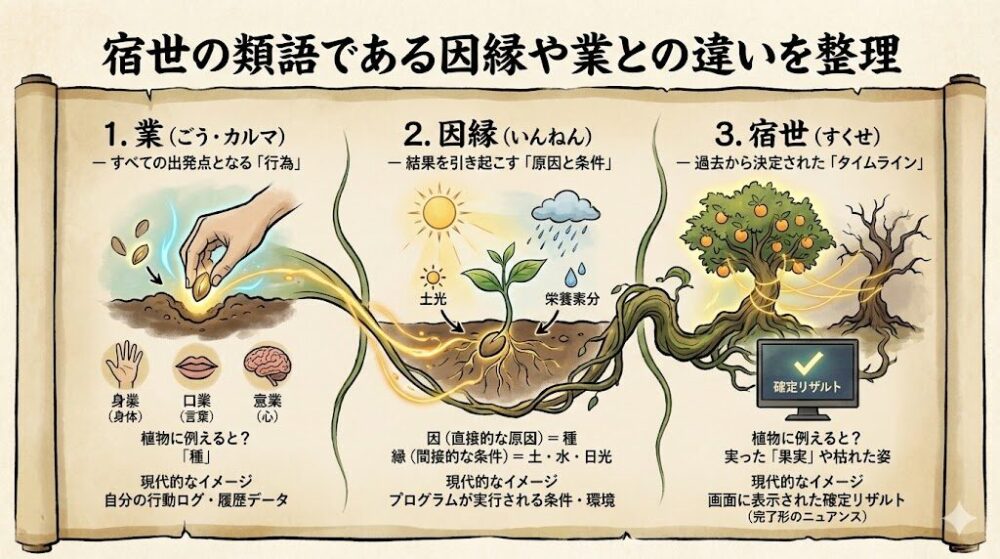 宿世の類語である因縁や業との違いを整理