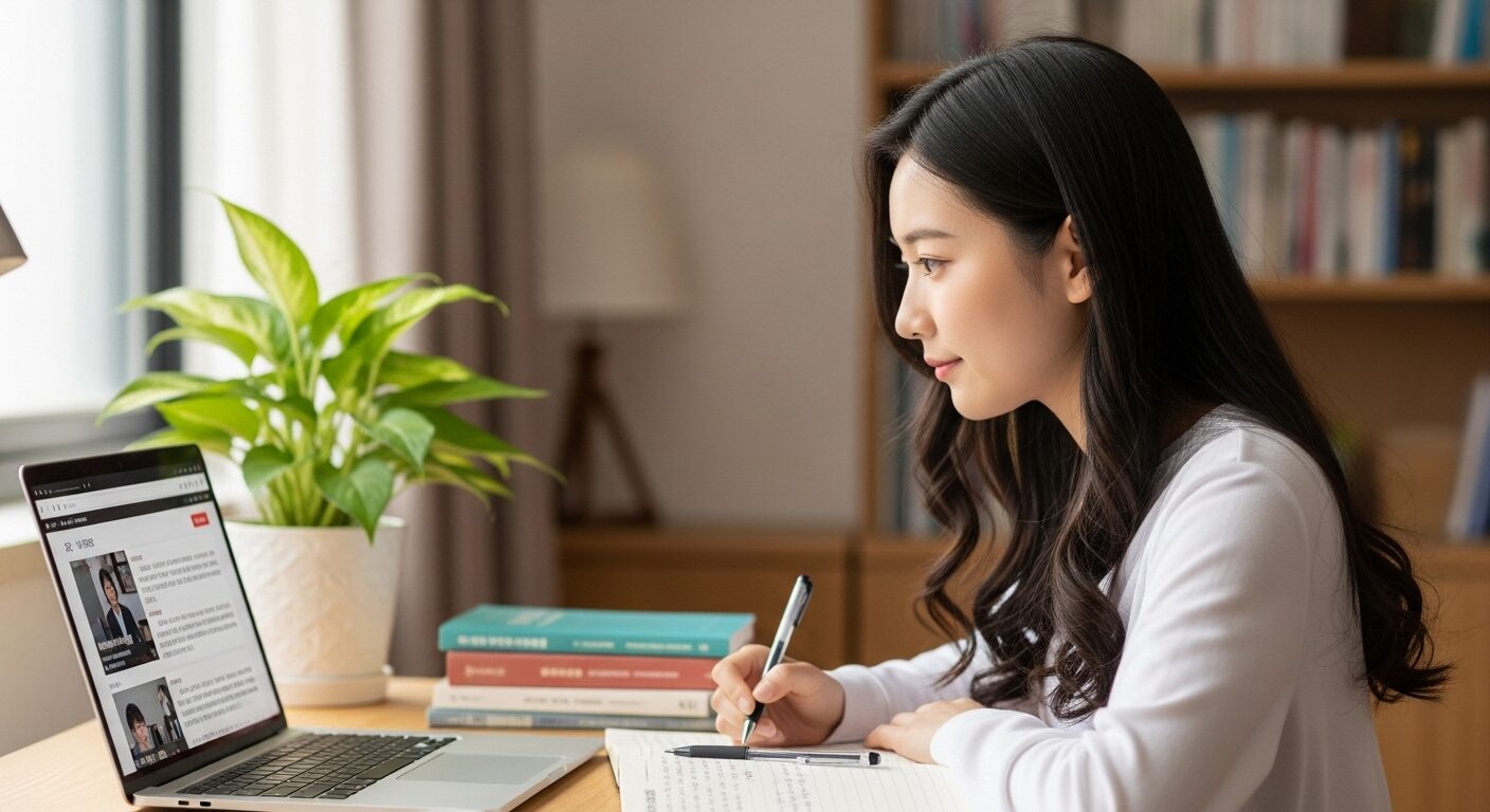 一生懸命漢文のオンライン学習をしている美しい高校生