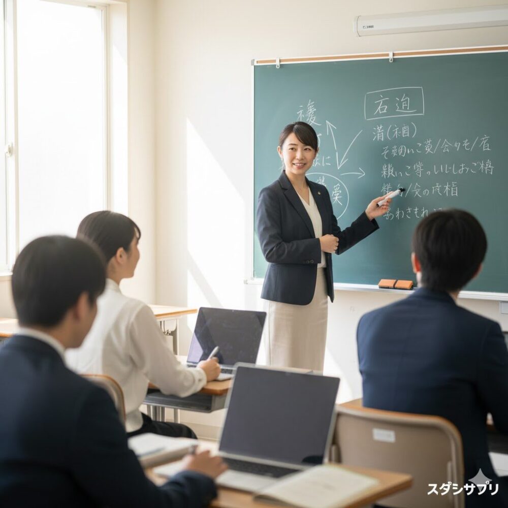 黒板の前で生徒に古文を教えている若い日本人女性講師。