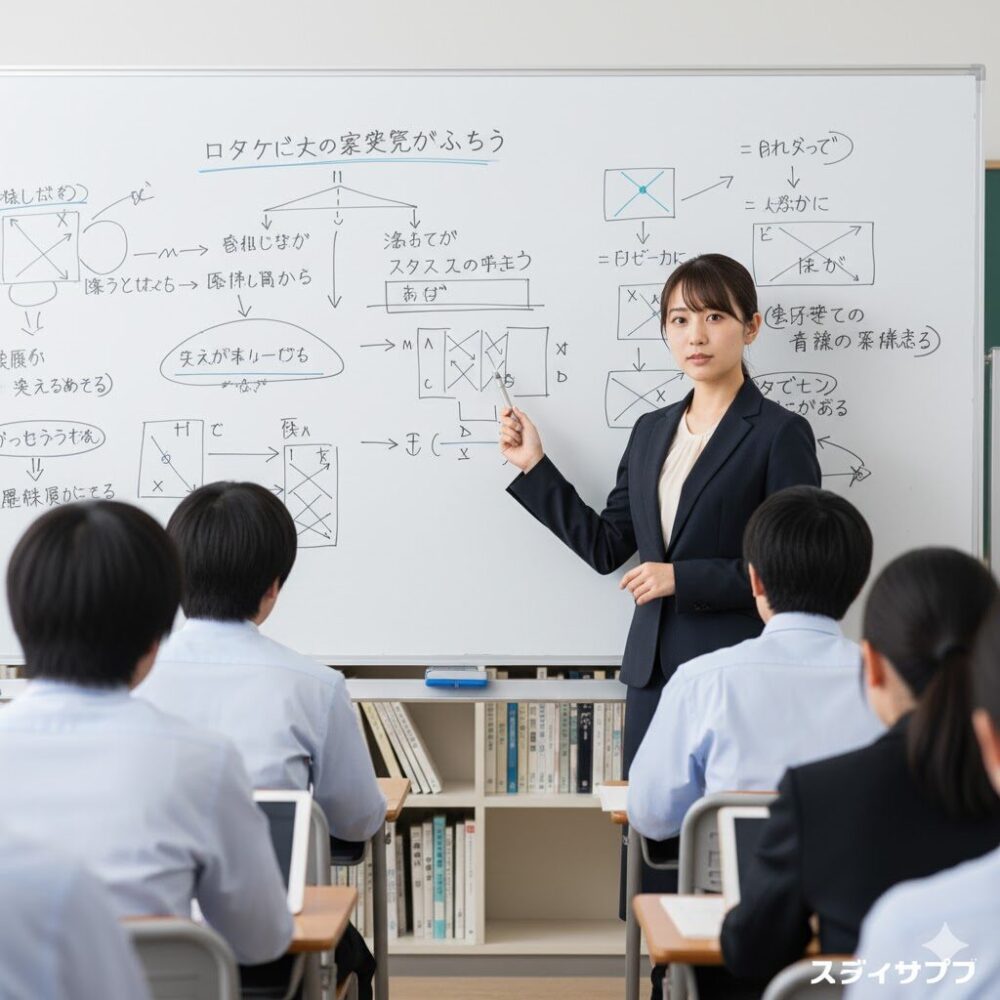 論理的な思考を表現するフローチャートや数式が書かれたホワイトボードの前で、真剣な表情で解説する日本人女性講師。