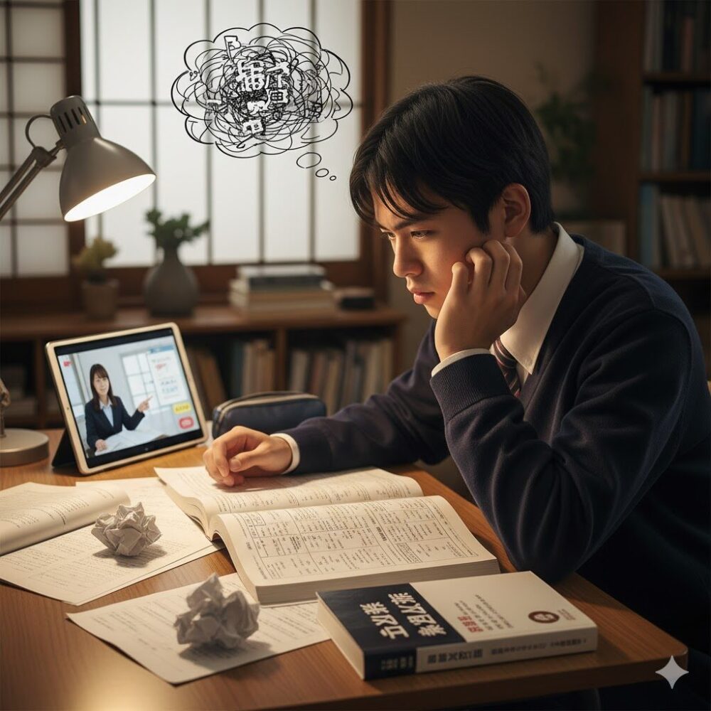 古文の文法書やノートが広がる机で、難しい表情で勉強している日本人高校生。