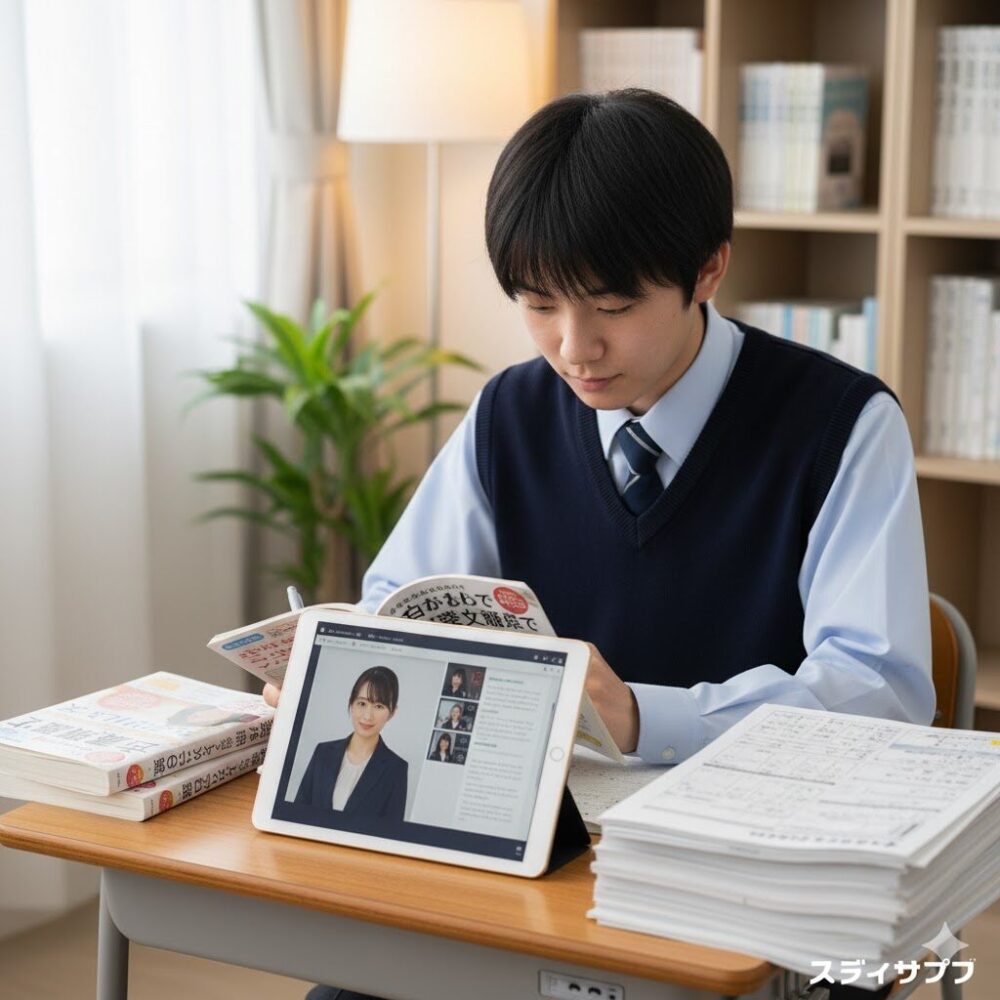 スタディサプリの教材と市販の参考書が並べられた机で、効率的に学習する日本人高校生。