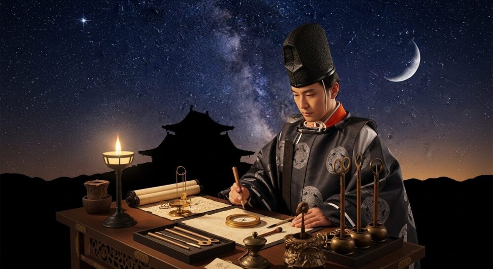 平安時代の陰陽師が、星空の下で占いを行っている様子。机の上には古文書や道具が置かれ、神秘的な雰囲気が漂う。