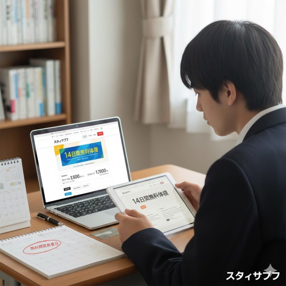 カレンダーとクレジットカード、タブレットが並べられた机で、スタディサプリの無料体験について調べている様子。