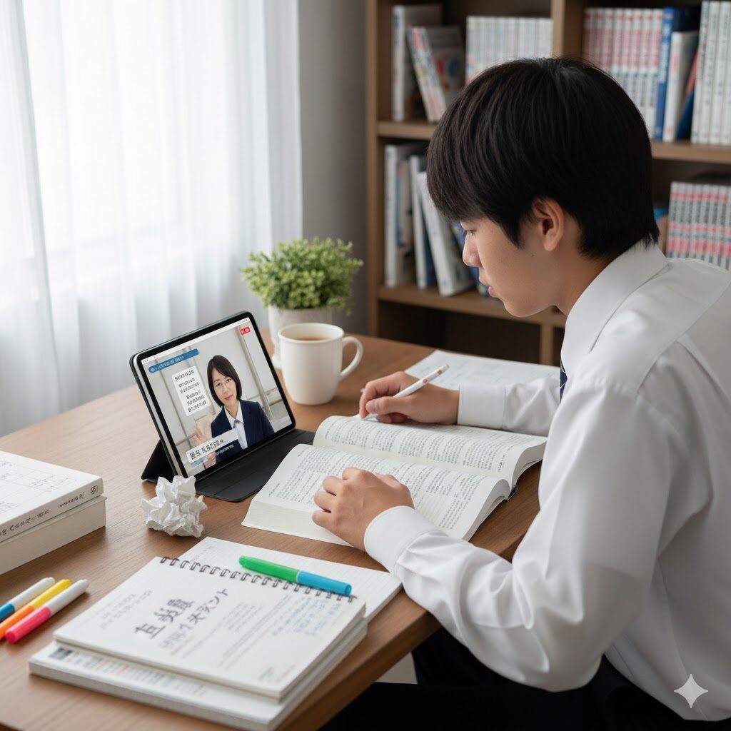 高校生がタブレットを使ってオンライン授業を受け、古文のテキストと参考書が広がる机で熱心に勉強している様子。