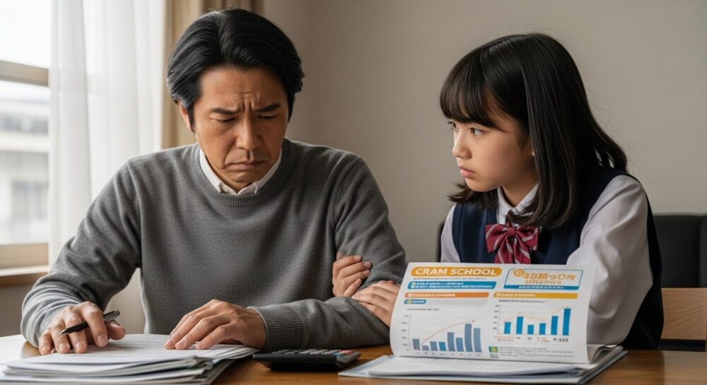 悩む親と机に向かう中学生の娘が描かれており、高い塾代に対する不安を覚えている