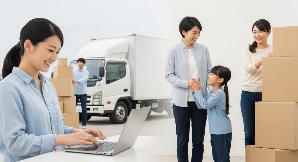 新しい家への引っ越しトラックを背景に、引っ越し作業をしている日本の家族。段ボール箱が積まれ、活気ある引っ越し風景。