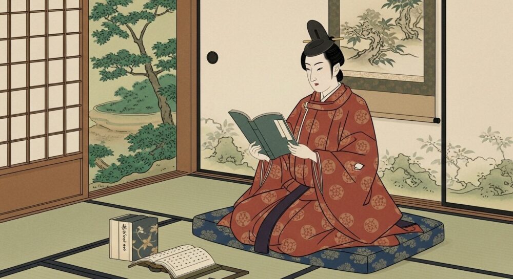 平安時代の日本の貴族が、書物（源氏物語や枕草子のような巻物）を読んでいる様子。雅な雰囲気の部屋で、背景には日本の伝統的な庭園が広がる。